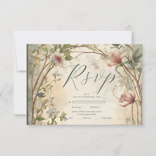 Art Nouveau Geïnspireerd Bloemensymfonie Bruiloft RSVP Kaartje (Voorkant)