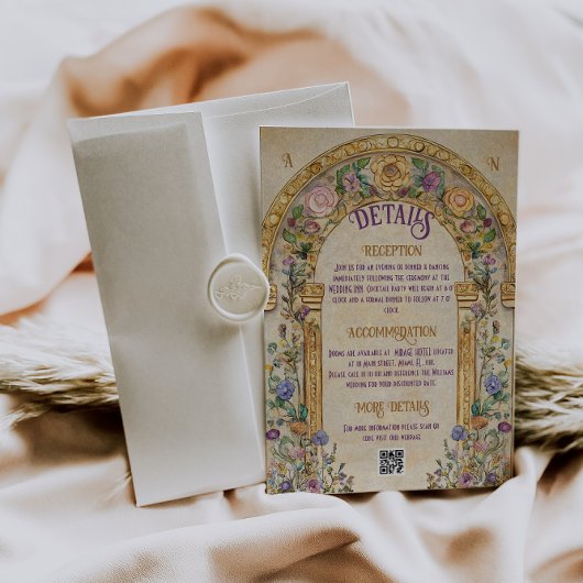 Art Nouveau geïnspireerde bruiloft details Informatiekaartje