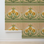 Art Nouveau Gele Boeketten Medallion Deco Behang<br><div class="desc">Art Nouveau stijl. Afwisselend grote en kleine gestileerde groene scroll medaillons. Binnen de grote medaillons zijn grote boeketten van gele bloemen. In elk klein medaillon zit een bloem.</div>