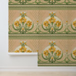 Art Nouveau Gele Boeketten Medallion Deco Behang<br><div class="desc">Art Nouveau stijl. Afwisselend grote en kleine gestileerde groene scroll medaillons. Binnen de grote medaillons zijn grote boeketten van gele bloemen. In elk klein medaillon zit een bloem.</div>