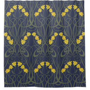 Art Nouveau Gele Narcissen en Stelen Blauw Douchegordijn