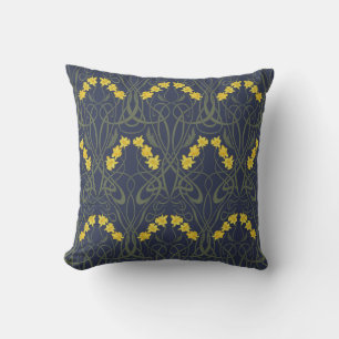 Art Nouveau Gele Narcissen en Stelen Blauw Kussen