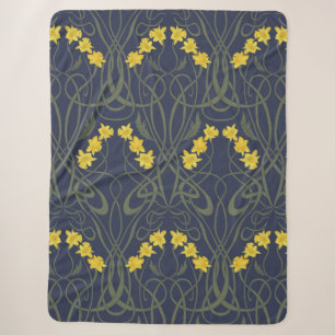 Art Nouveau Gele Narcissen en Stelen Blauw Sherpa Deken