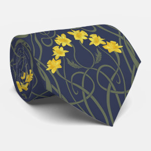 Art Nouveau Gele Narcissen en Stelen Blauw Stropdas