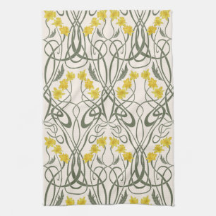 Art Nouveau Gele Narcissen en Stelen Crème Theedoek
