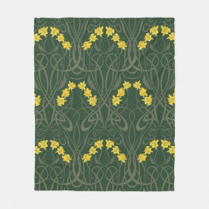 Art Nouveau Gele Narcissen en Stelen Groen Fleece Deken