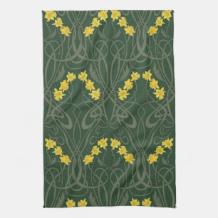 Art Nouveau Gele Narcissen en Stelen Groen Theedoek