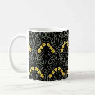 Art Nouveau Gele Narcissen en Stelen Zwart Koffiemok