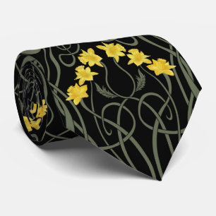 Art Nouveau Gele Narcissen en Stengels Zwart Stropdas