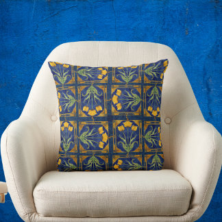 Art Nouveau Gele Tulp op Koninklijk Blauwe Tegelpa Kussen