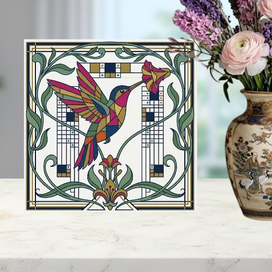 Art Nouveau Geometric Bird Flower Ceramic Tile Tegeltje