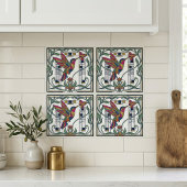 Art Nouveau Geometric Bird Flower Ceramic Tile Tegeltje