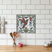 Art Nouveau Geometric Bird Flower Ceramic Tile Tegeltje