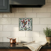 Art Nouveau Geometric Bird Flower Ceramic Tile Tegeltje