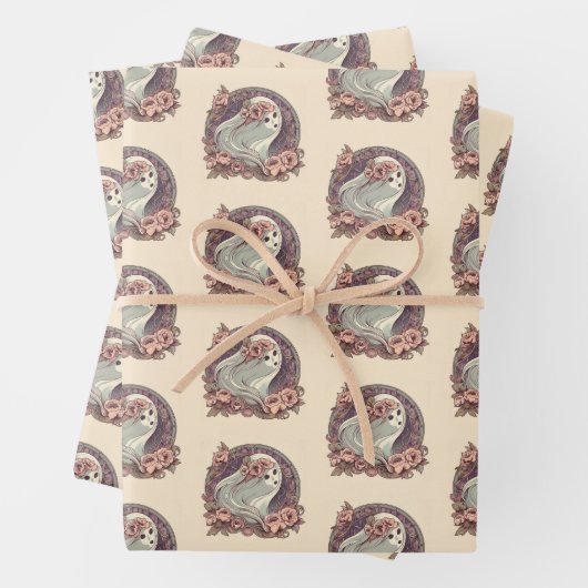  Art Nouveau Ghost met Flowers Spooky Inpakpapier Vel (In situ)