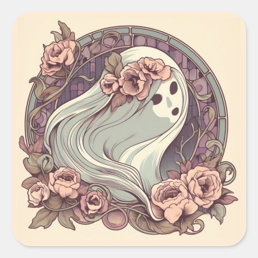 Art Nouveau Ghost met Flowers Spooky Vierkante Sticker (Voorkant)