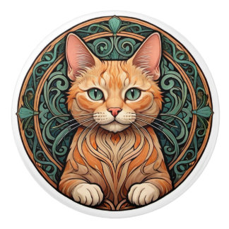 Art Nouveau Ginger Cat Keramische Knop
