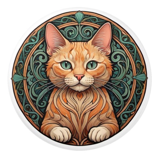 Art Nouveau Ginger Cat Keramische Knop (Voorkant)
