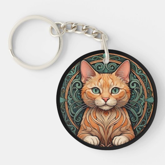 Art Nouveau Ginger Cat personaliseren Sleutelhanger (Voorkant)
