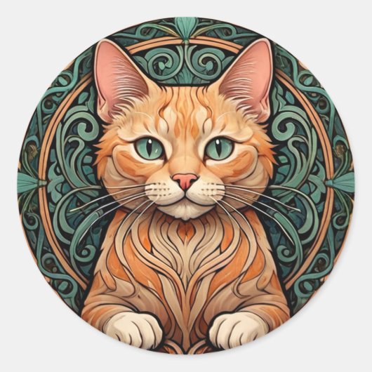 Art Nouveau Ginger Cat Ronde Sticker (Voorkant)