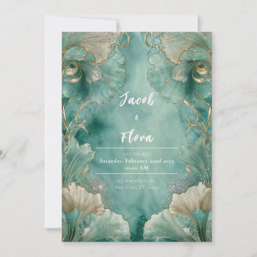 Art Nouveau Ginkgo Leaf Huwelijksuitnodiging Kaart (Voorkant)