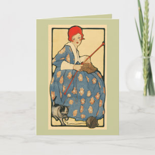 Art Nouveau -Girl die haar kat breekt Kaart