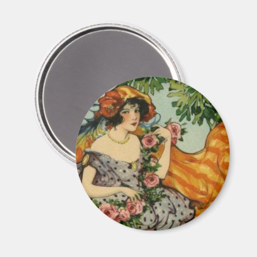 Art Nouveau Girl met Flowers Magneet (Voorkant / Achterkant)