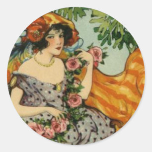 Art Nouveau Girl met Flowers Ronde Sticker