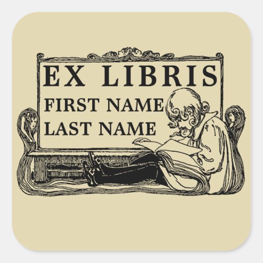 Art Nouveau Girl Reading Book Ex Libris Sjabloon Vierkante Sticker (Voorkant)