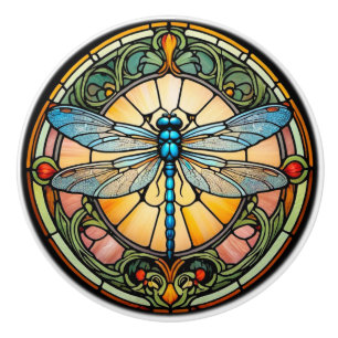 Art Nouveau Glas-in-lood Libel Keramische Knop