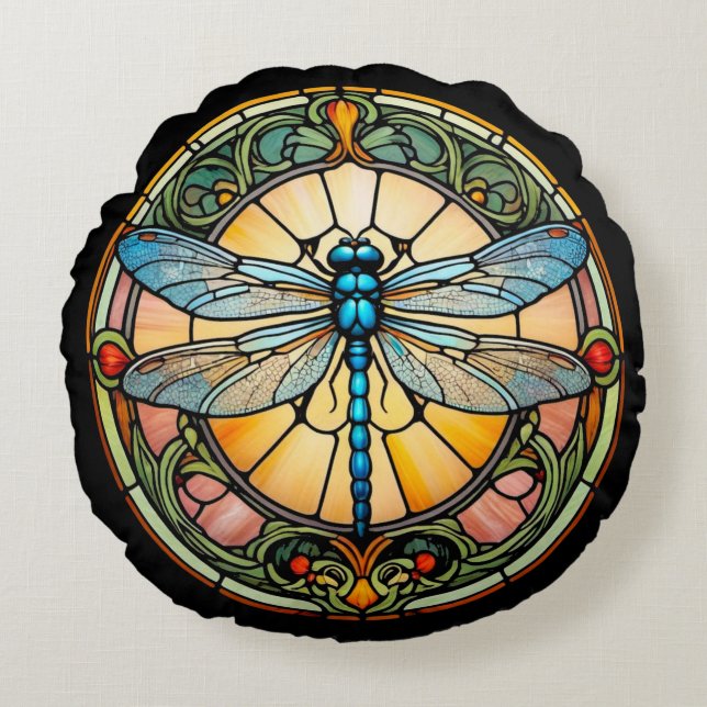 Art Nouveau Glas-in-lood Libelle Rond Kussen (Voorkant)