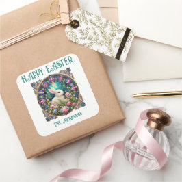 Art Nouveau Glas-in-Lood Paas Konijn Bloemmotief Vierkante Sticker