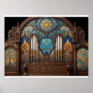 Art Nouveau Glas-in-Lood-Pijporgel Houten Musica Poster