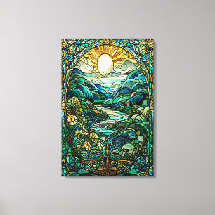 Art Nouveau Glas in lood Sunrise Landscape Art Canvas Afdruk