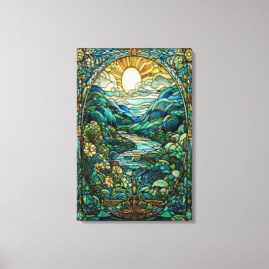 Art Nouveau Glas in lood Sunrise Landscape Art Canvas Afdruk (Voorkant)