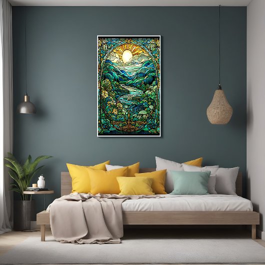 Art Nouveau Glas in lood Sunrise Landscape Art Perfect Poster