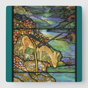 Art Nouveau Glas in lood Tiffany Natuur Vierkante Klok