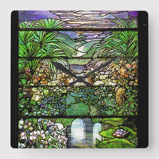 Art Nouveau Glas in lood Tiffany Natuur Vierkante Klok (Voorkant)