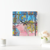 Art Nouveau Glas in lood Wisteria Flowers Clock Vierkante Klok (Huis)