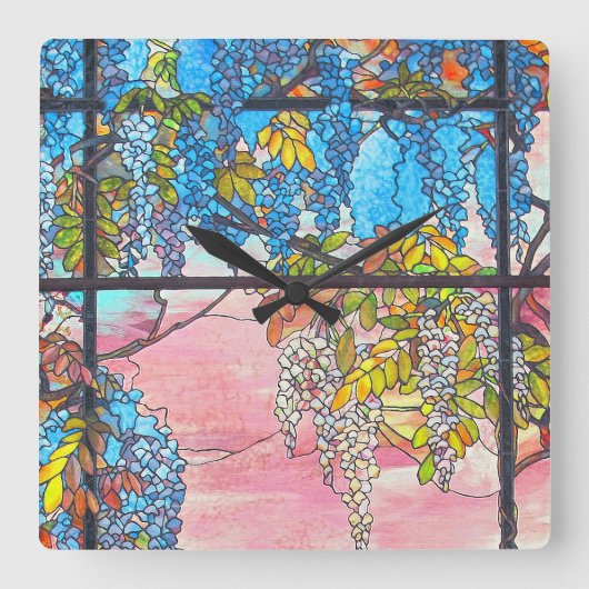 Art Nouveau Glas in lood Wisteria Flowers Clock Vierkante Klok (Voorkant)
