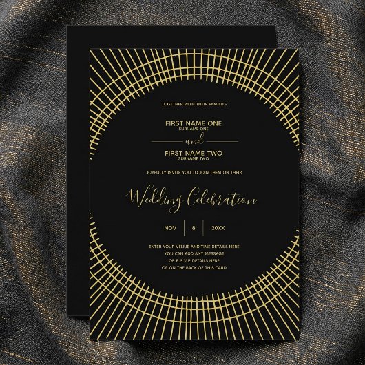 Art nouveau gold and black bruiloft call kaart