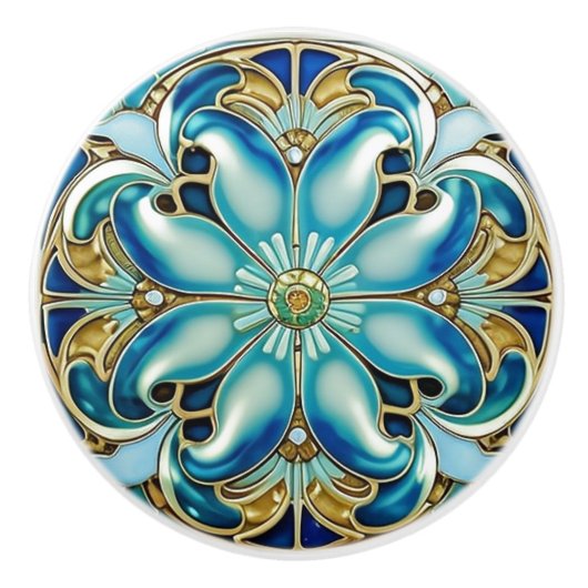 Art Nouveau Gold Aqua Blue Geometrisch Keramische Knop (Voorkant)