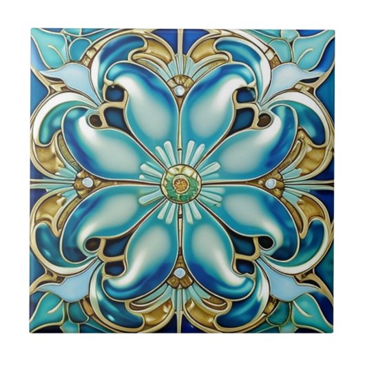 Art Nouveau Gold Aqua Blue Geometrisch Tegeltje (Voorkant)