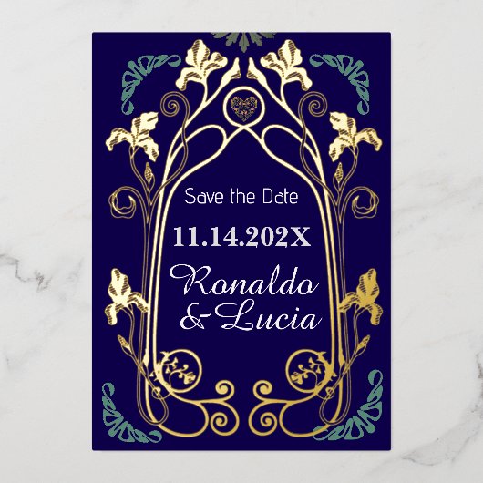 Art Nouveau Gold Blue Botanical Bewaar de datum Folie Uitnodiging (Voorkant)