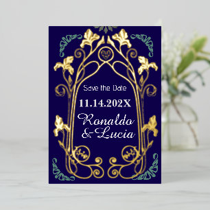 Art Nouveau Gold Blue Botanical Bewaar de datum Folie Uitnodiging