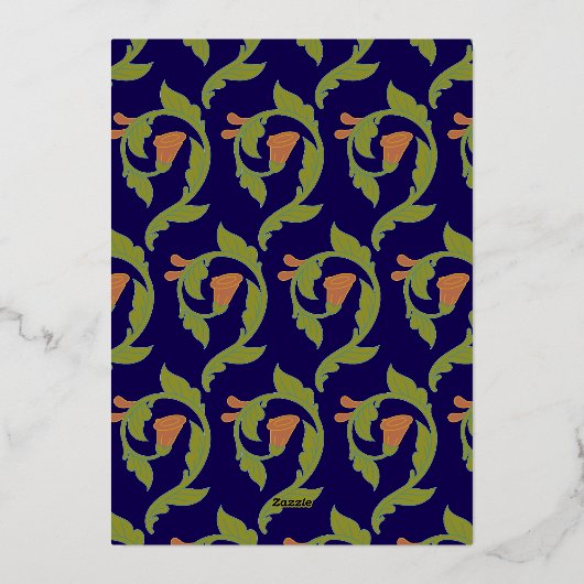 Art Nouveau Gold Blue Botanical Bewaar de datum Folie Uitnodiging (Achterkant)