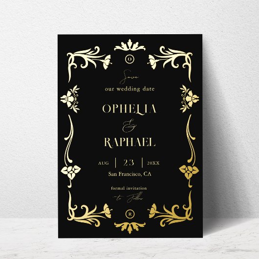 Art Nouveau Gold Foil Wedding Save the Date Kaart