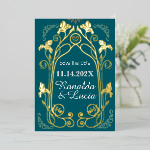 Art Nouveau Gold Green Botanical Bewaar de datum Folie Uitnodiging