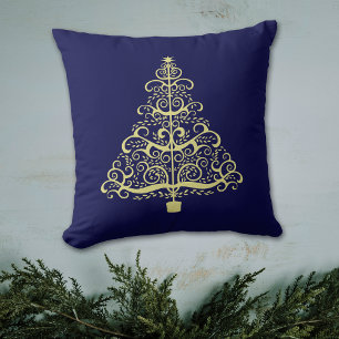 Art Nouveau Gold-kerstboom op blauw Kussen