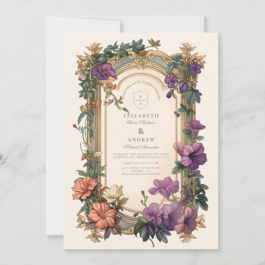 Art Nouveau Golden Arch Bloemen Huwelijk Kaart (Voorkant)